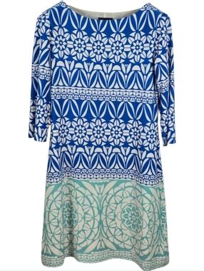 Just Taylor Blue White Floral Geometric 3/4 Sleeve Sheath Dress Size 8